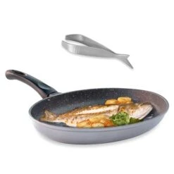 Lot Poêle à Poisson Dur Comme La Pierre 34 Cm Et Pince à Arêtes Forme Poisson
