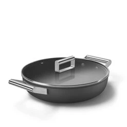 Smeg Sauteuse Aluminium Antiadhésive 28 Cm Noir Mat Avec Couvercle En Verre Trempé