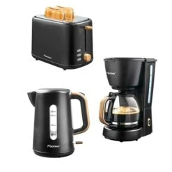 Bestron Kit Petit-déjeuner Noir Et Bois : Bouilloire, Grille-pain Et Cafetière à Filtre